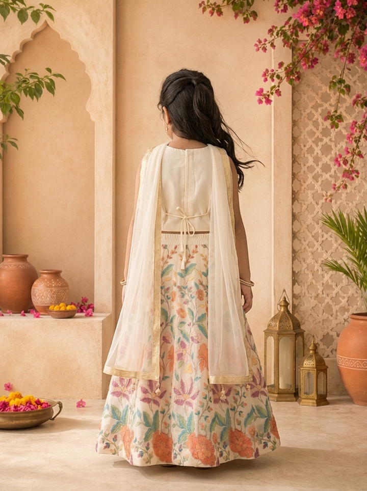 Cream Georgette Multicolor Floral Thread Embroidered Ghagra Set