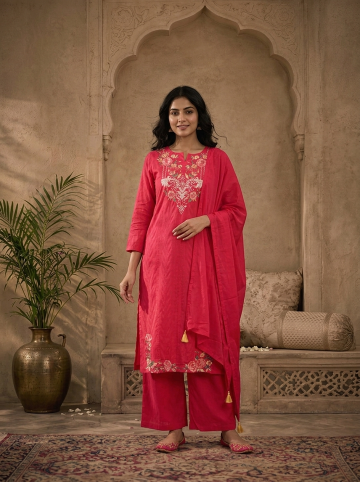 Rani Pink Cotton Solid With Multicolor Floral Thread Embroidered Three Piece Set