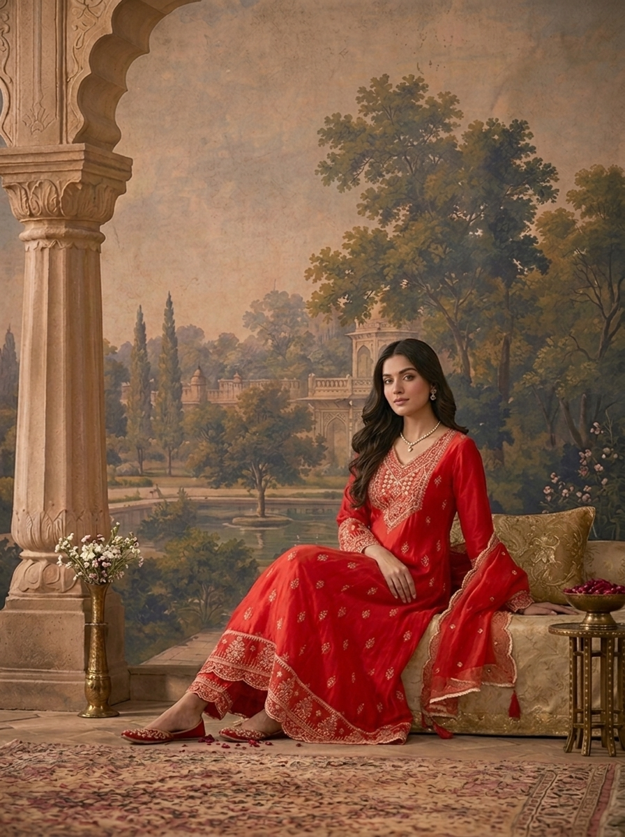 Red Silk Buti Thread Embroidered Three Piece Set