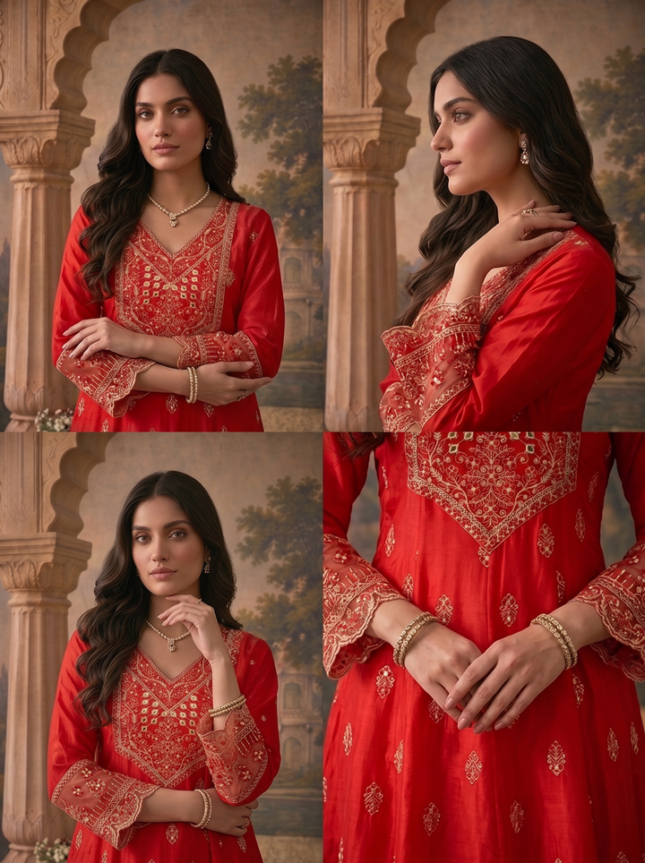 Red Silk Buti Thread Embroidered Three Piece Set