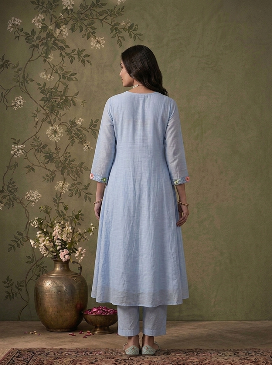 Sky Blue Muslin Polka Dot With Floral Thread Embroidered Three Piece Set
