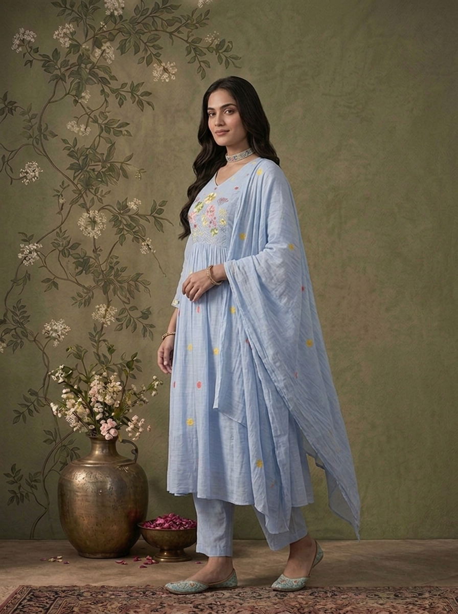 Sky Blue Muslin Polka Dot With Floral Thread Embroidered Three Piece Set