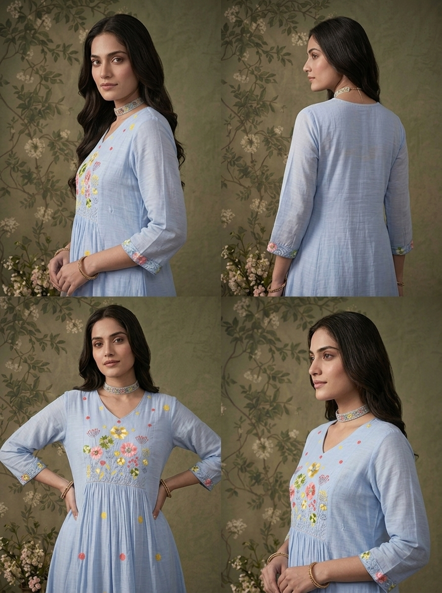 Sky Blue Muslin Polka Dot With Floral Thread Embroidered Three Piece Set