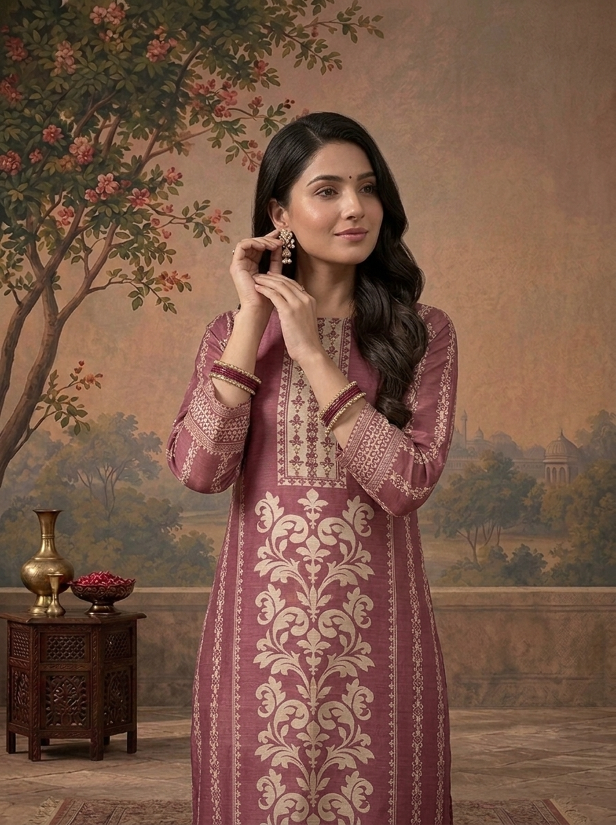 Grape Chanderi Mughal Damask Baroque Printed Three Piece Set