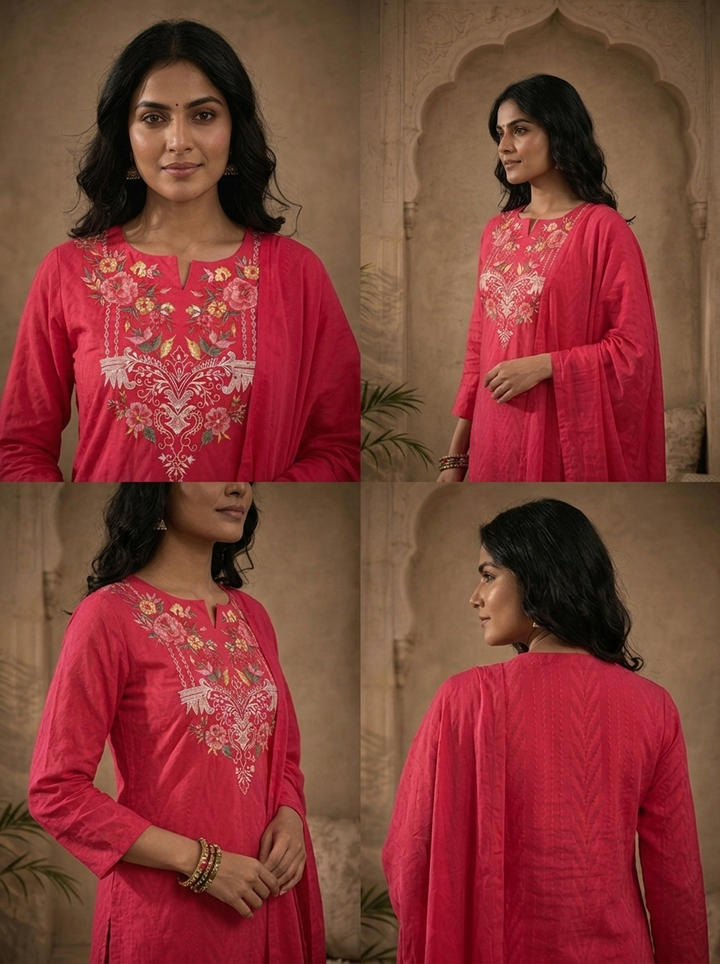 Rani Pink Cotton Solid With Multicolor Floral Thread Embroidered Three Piece Set