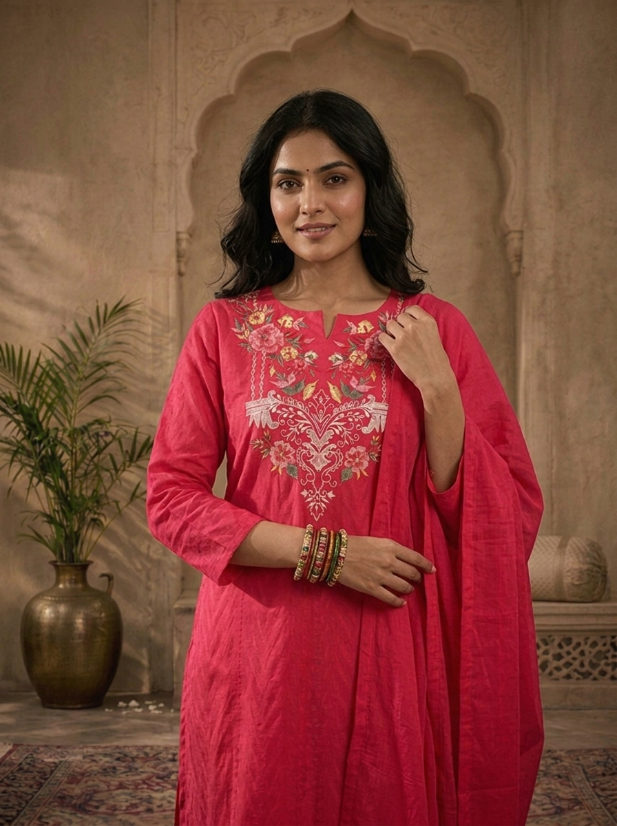 Rani Pink Cotton Solid With Multicolor Floral Thread Embroidered Three Piece Set