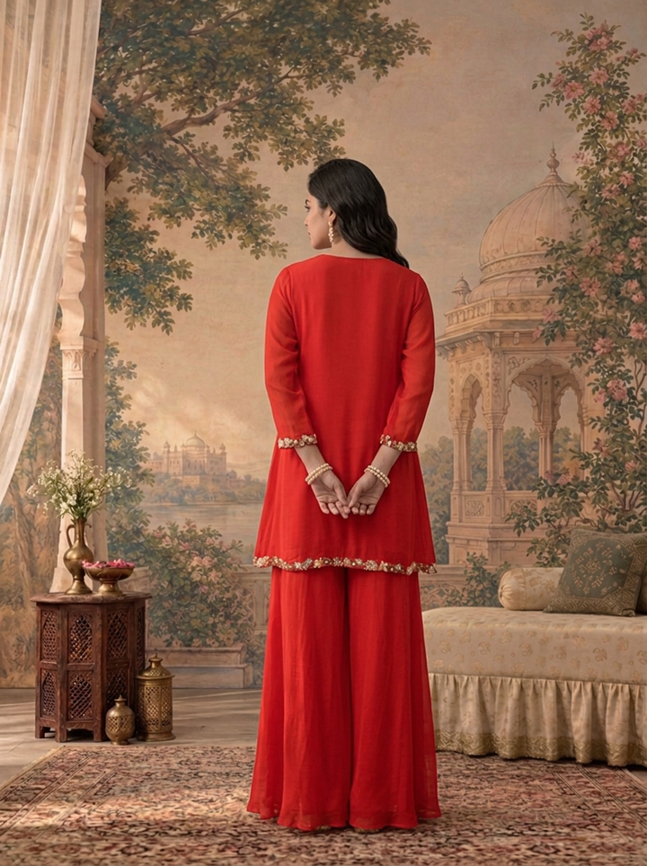 Red Chinon Multicolor Thread Zari Sequin Embroidered Two Piece Set