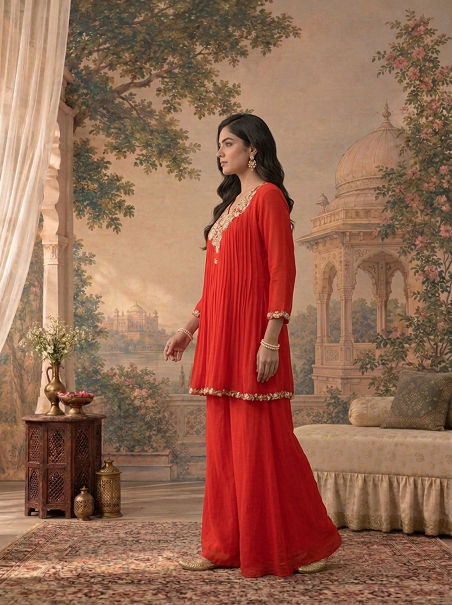 Red Chinon Multicolor Thread Zari Sequin Embroidered Two Piece Set