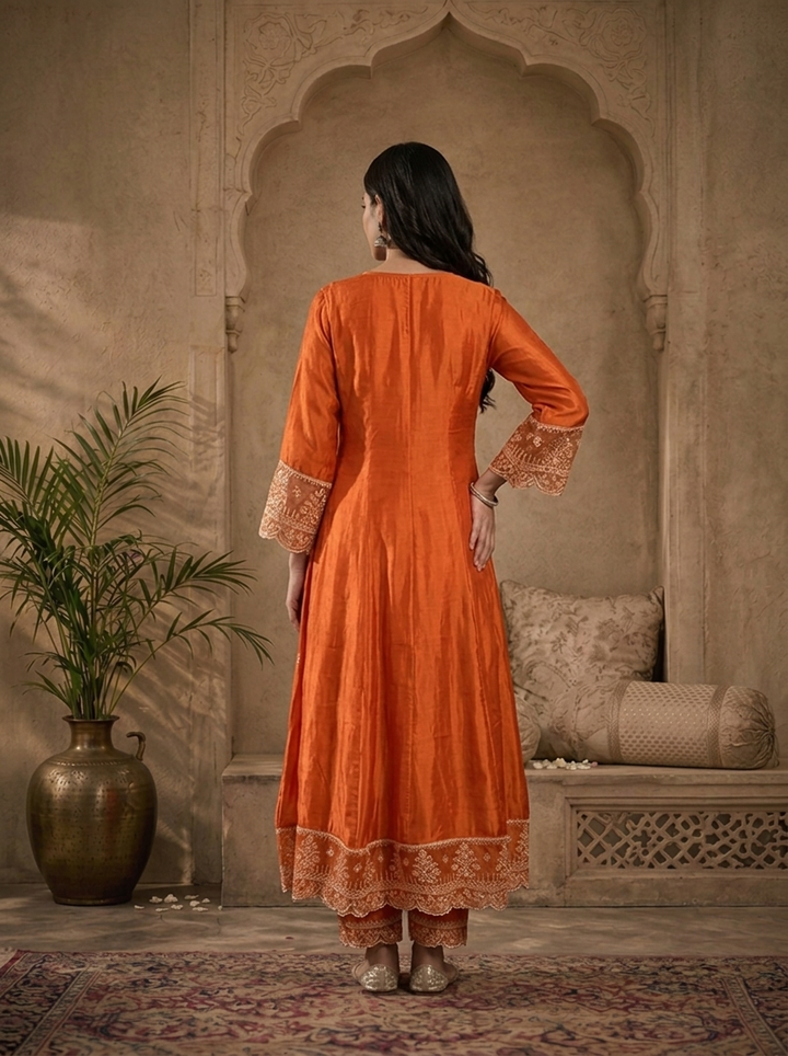 Burnt Orange Silk Buti Thread Embroidered Three Piece Set