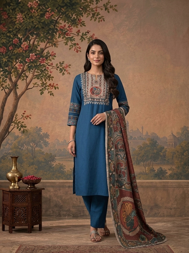 Blue Rayon Solid With Kalamkari Mandala Peacock Printed Three Piece Set
