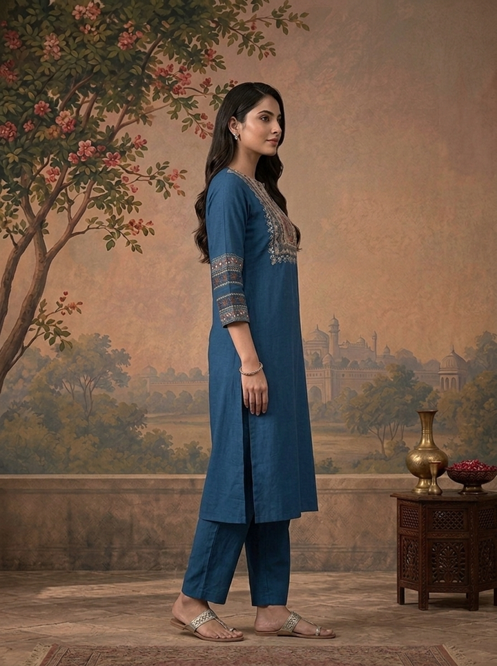 Blue Rayon Solid With Kalamkari Mandala Peacock Printed Three Piece Set