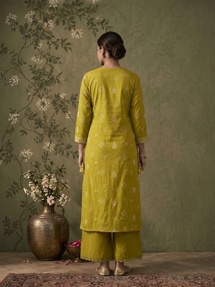 Mehndi Green Cotton Ethnic Buti Printed Three Piece Set