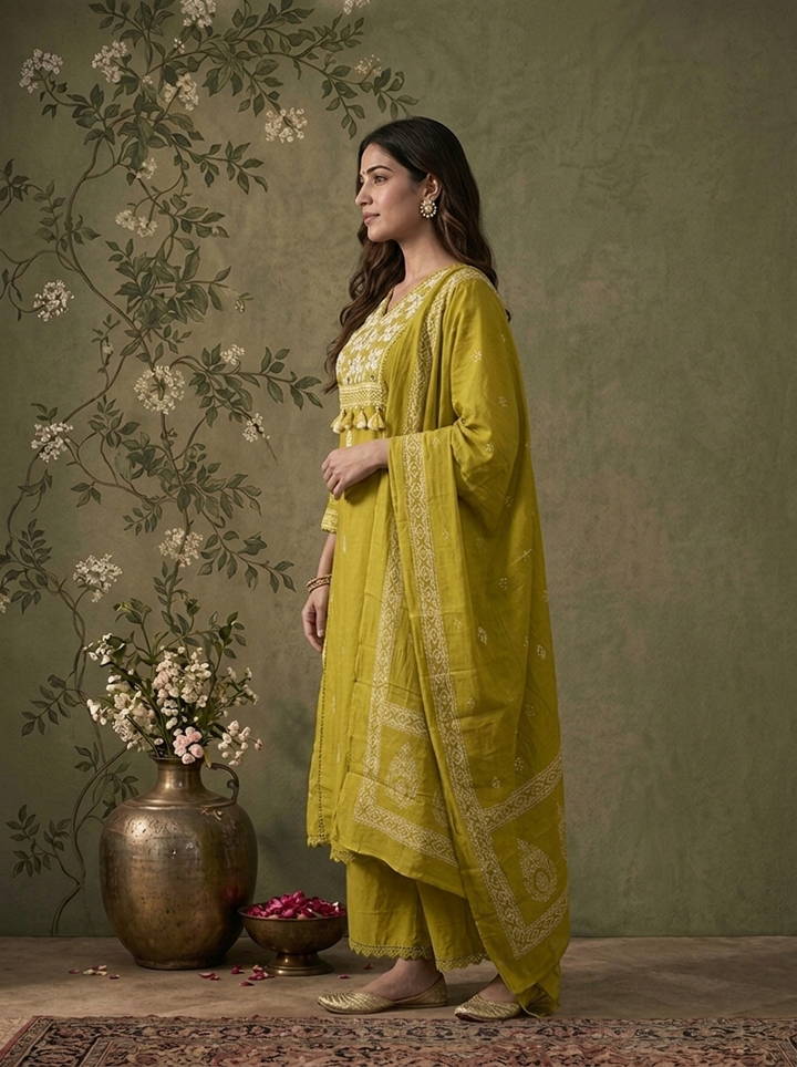 Mehndi Green Cotton Ethnic Buti Printed Three Piece Set