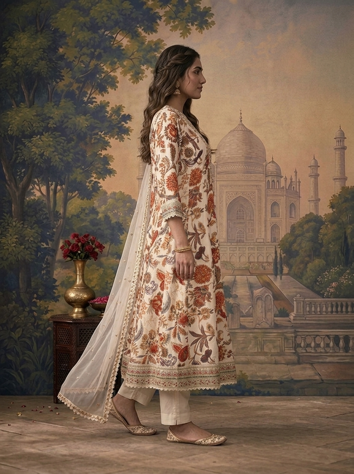White Crepe Chintz Floral Printed Three Piece Set