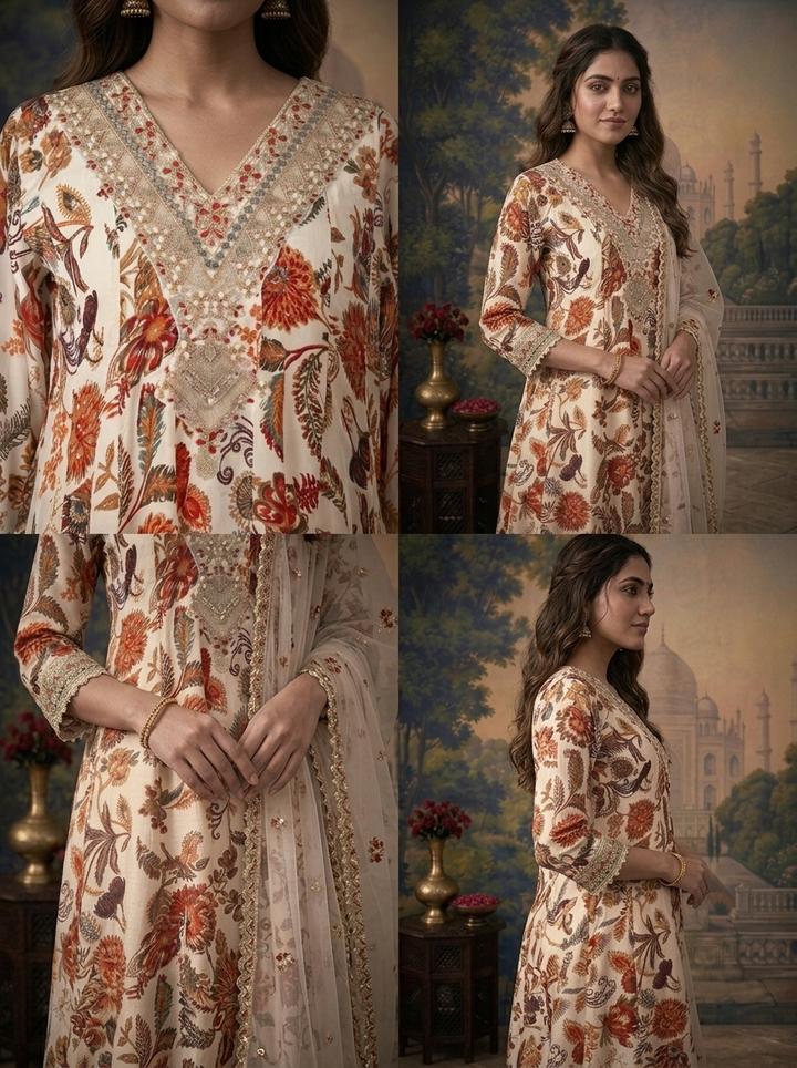 White Crepe Chintz Floral Printed Three Piece Set