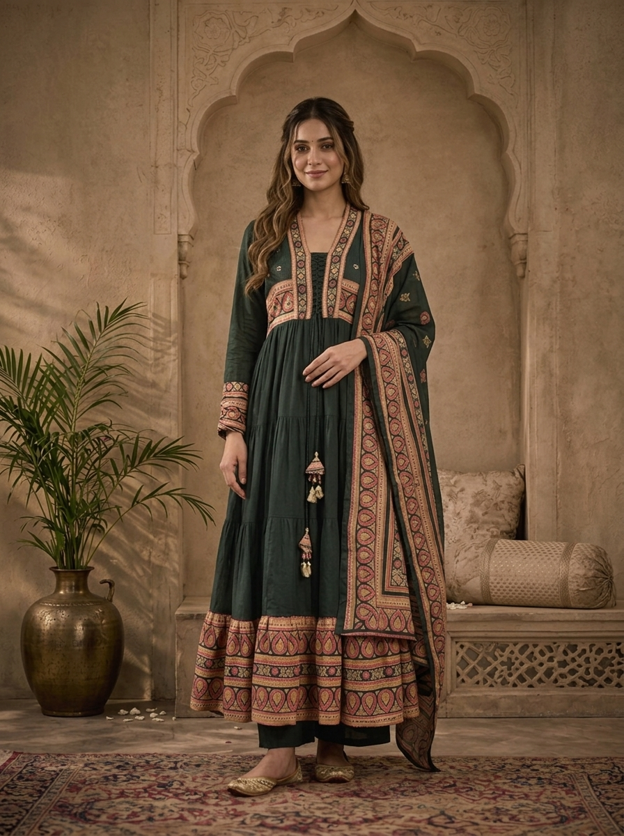 Bottle Green Cotton Solid With Ajrakh Printed Three Piece Set