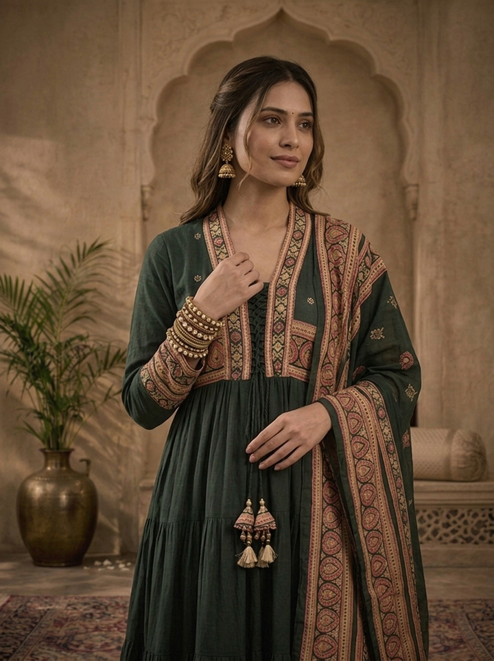 Bottle Green Cotton Solid With Ajrakh Printed Three Piece Set