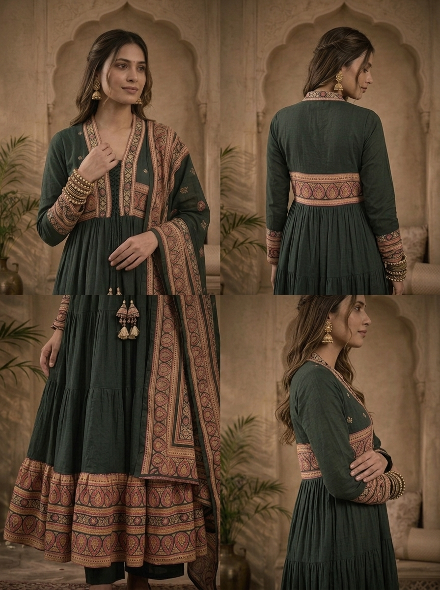 Bottle Green Cotton Solid With Ajrakh Printed Three Piece Set