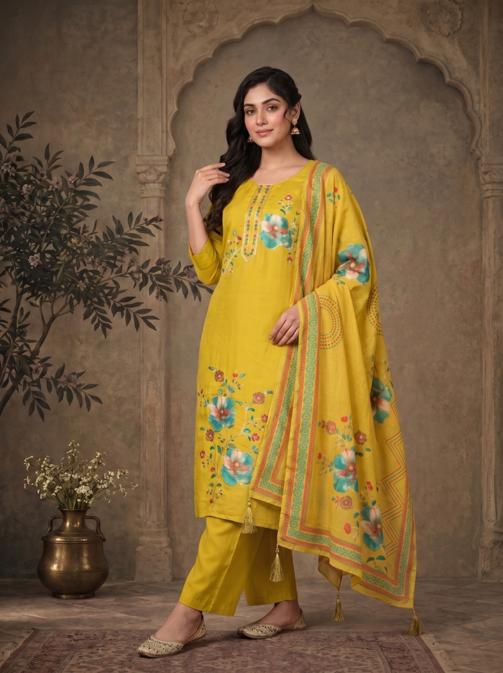 Lime Green Modal Floral Thread Embroidered Three Piece Set