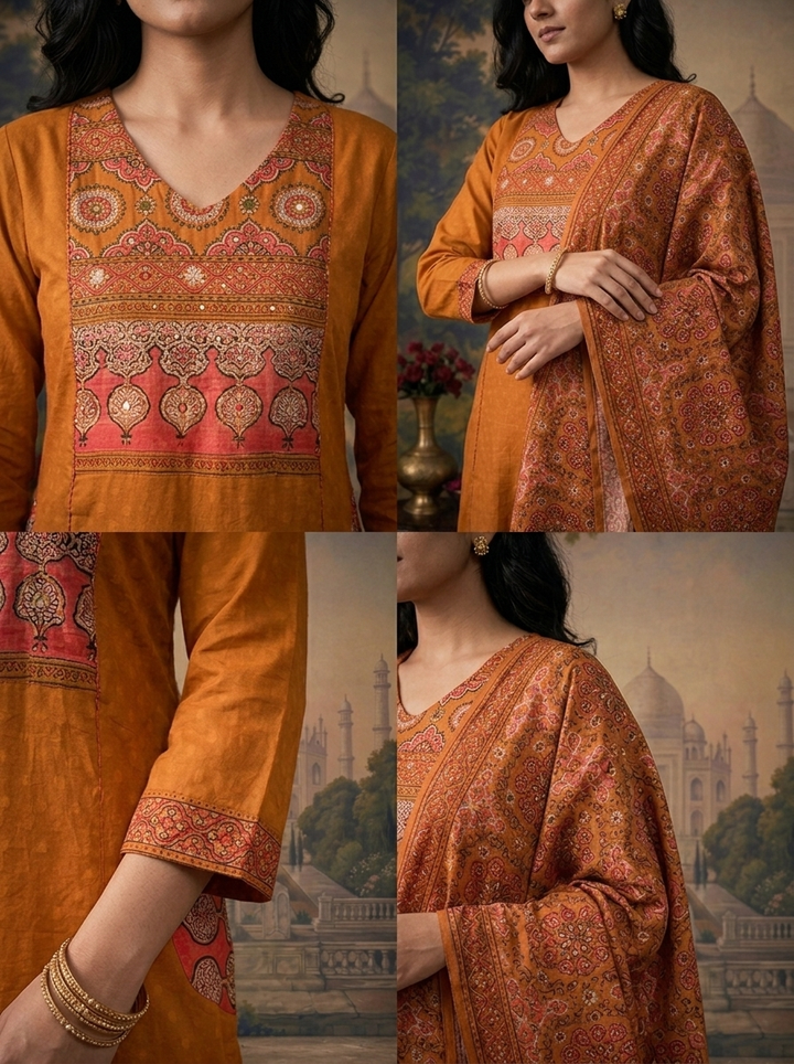Gold Cotton Solid With Ethnic Printed Three Piece Set