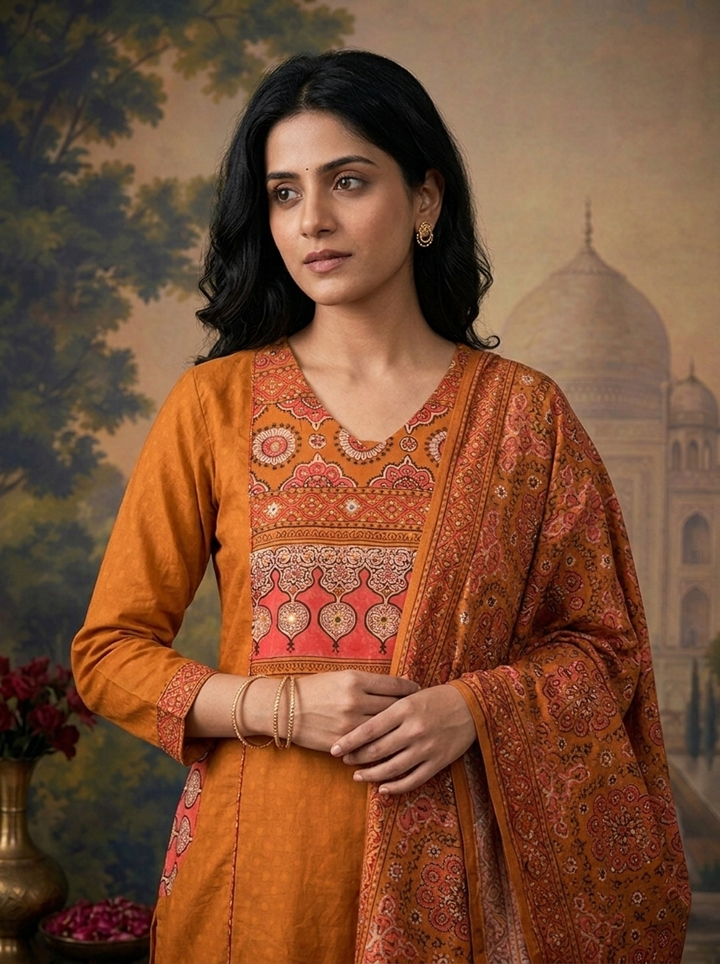 Gold Cotton Solid With Ethnic Printed Three Piece Set