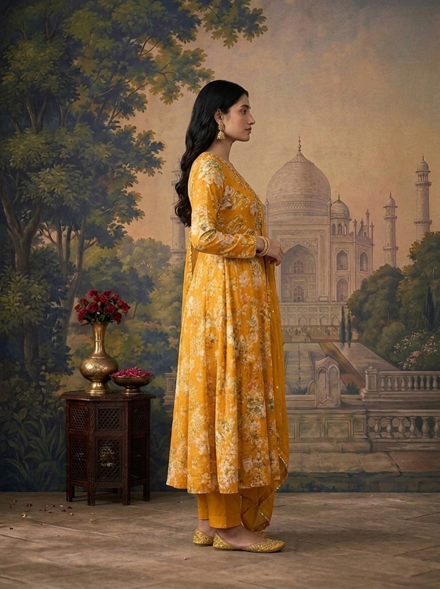 Gold Chinon Floral Digital Printed Three Piece Set