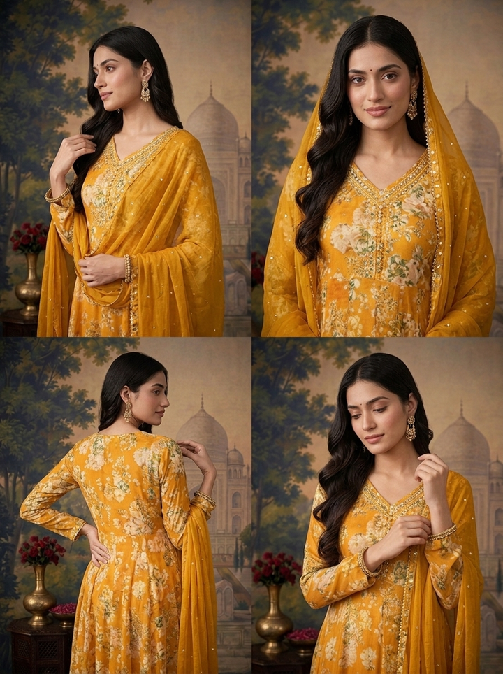 Gold Chinon Floral Digital Printed Three Piece Set