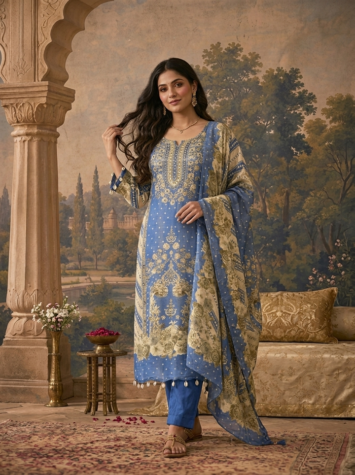 Blue Tissue Rose Floral And Foil Baroque Printed Three Piece Set