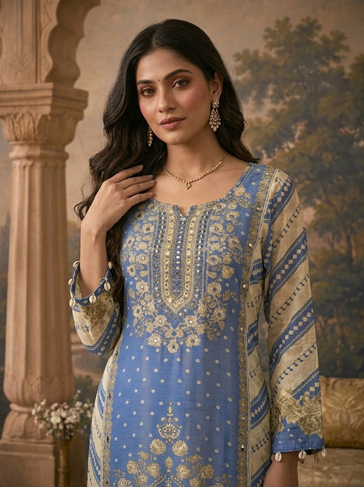 Blue Tissue Rose Floral And Foil Baroque Printed Three Piece Set