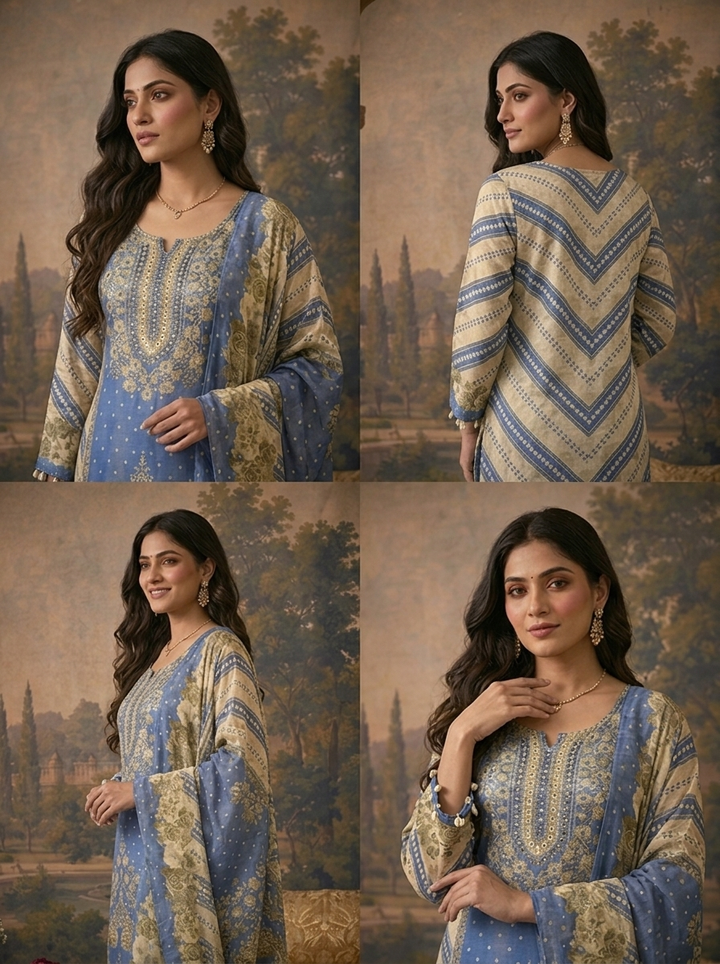 Blue Tissue Rose Floral And Foil Baroque Printed Three Piece Set