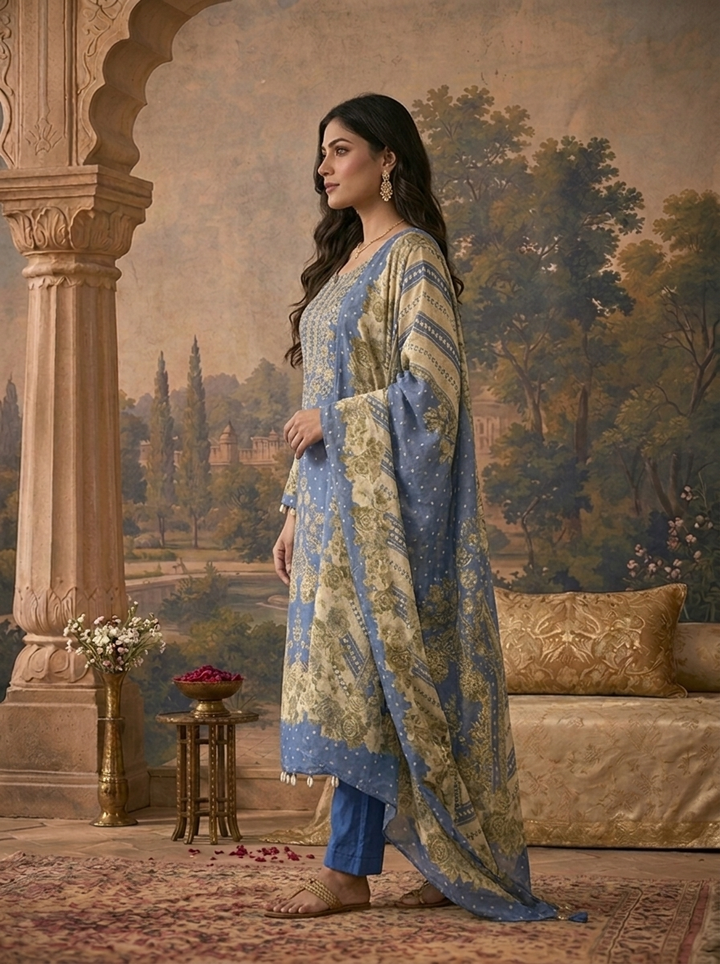 Blue Tissue Rose Floral And Foil Baroque Printed Three Piece Set