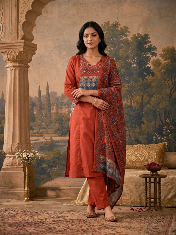 Maroon Cotton Solid With Ethnic Printed Three Piece Set