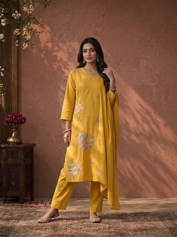 Yellow Cotton Multicolor Floral Thread Embroidered Three Piece Set
