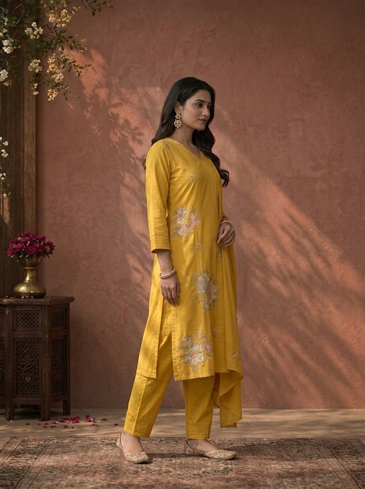 Yellow Cotton Multicolor Floral Thread Embroidered Three Piece Set