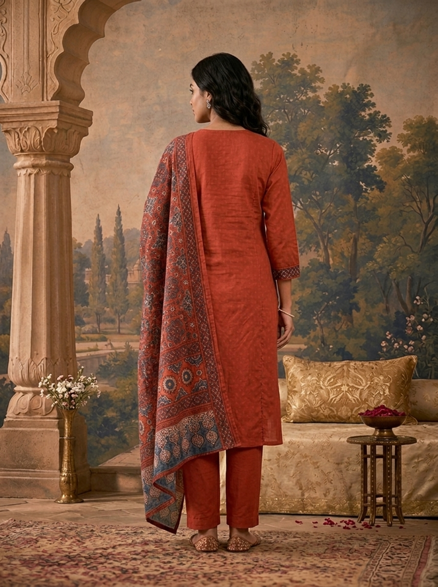 Maroon Cotton Solid With Ethnic Printed Three Piece Set