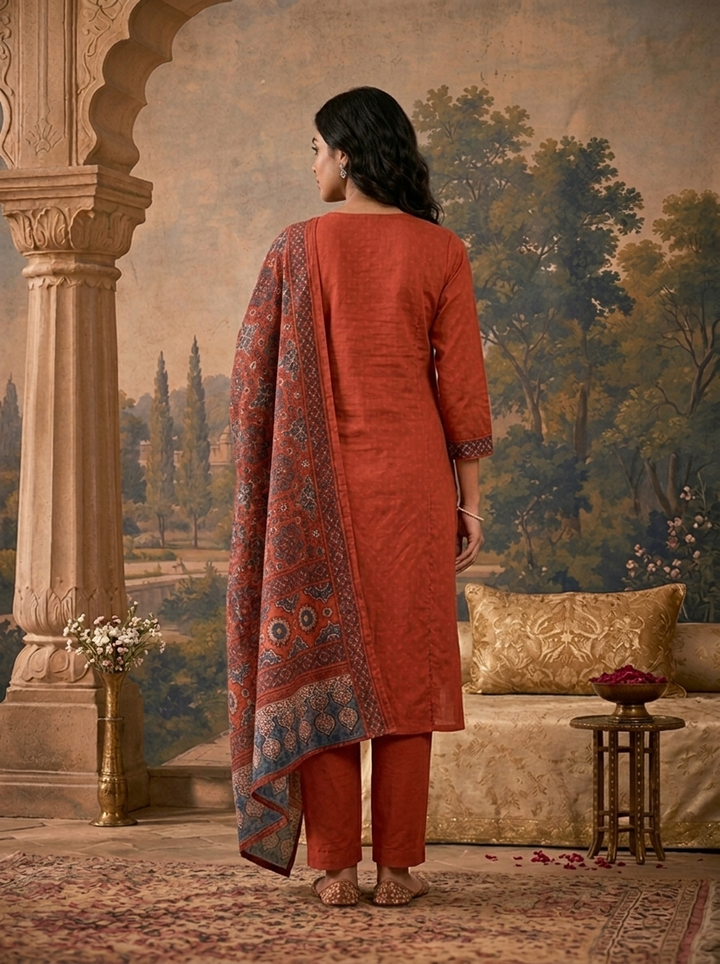 Maroon Cotton Solid With Ethnic Printed Three Piece Set