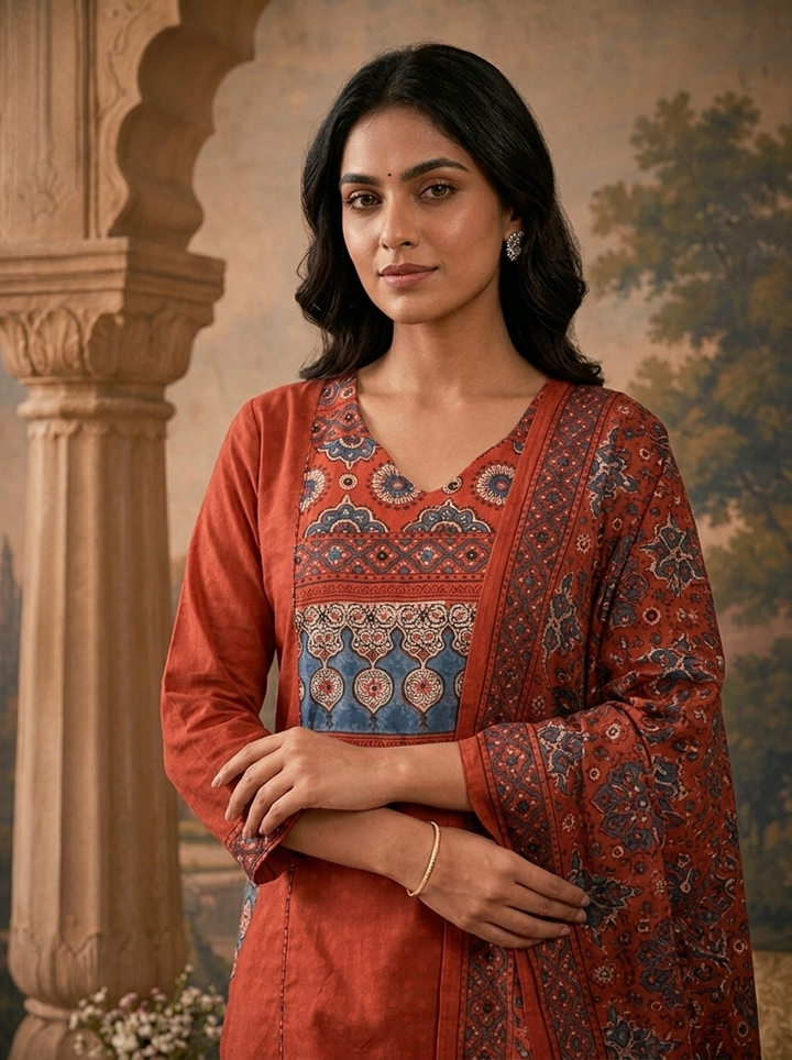 Maroon Cotton Solid With Ethnic Printed Three Piece Set