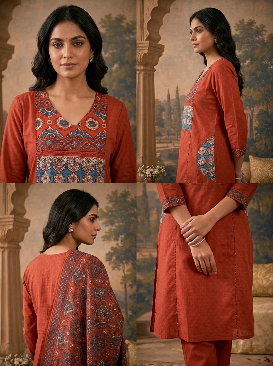Maroon Cotton Solid With Ethnic Printed Three Piece Set