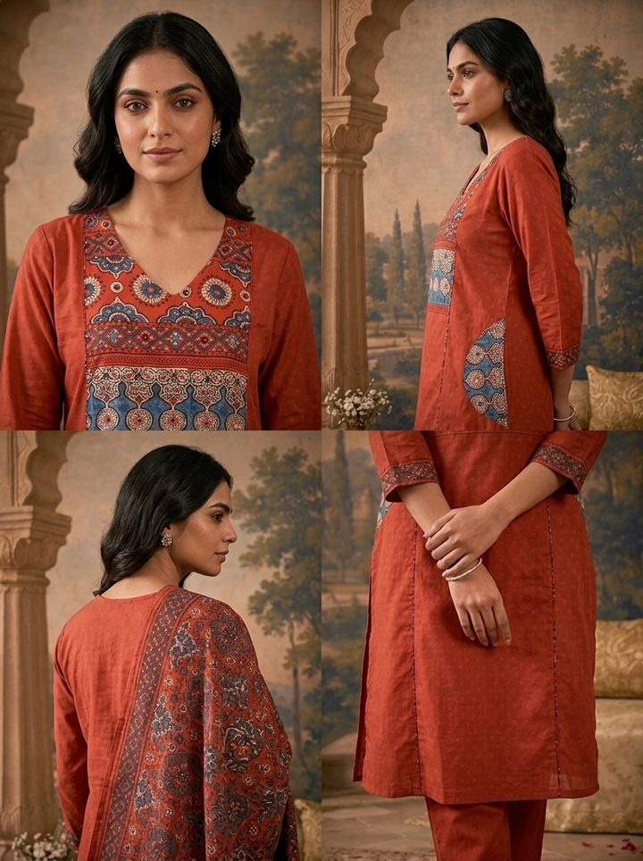 Maroon Cotton Solid With Ethnic Printed Three Piece Set