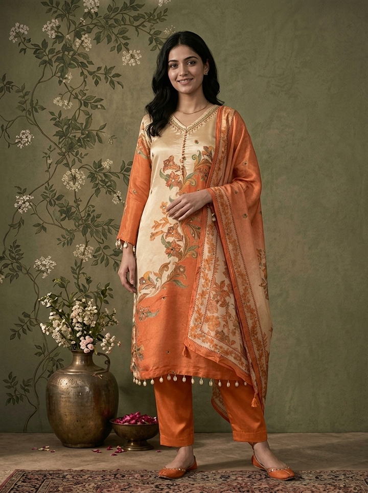 Orange Tissue Ethnic Floral Printed Three Piece Set