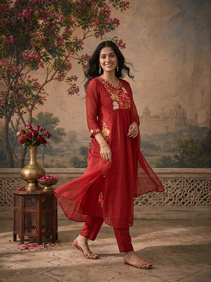 Maroon Muslin Floral Embroidered Three Piece Set