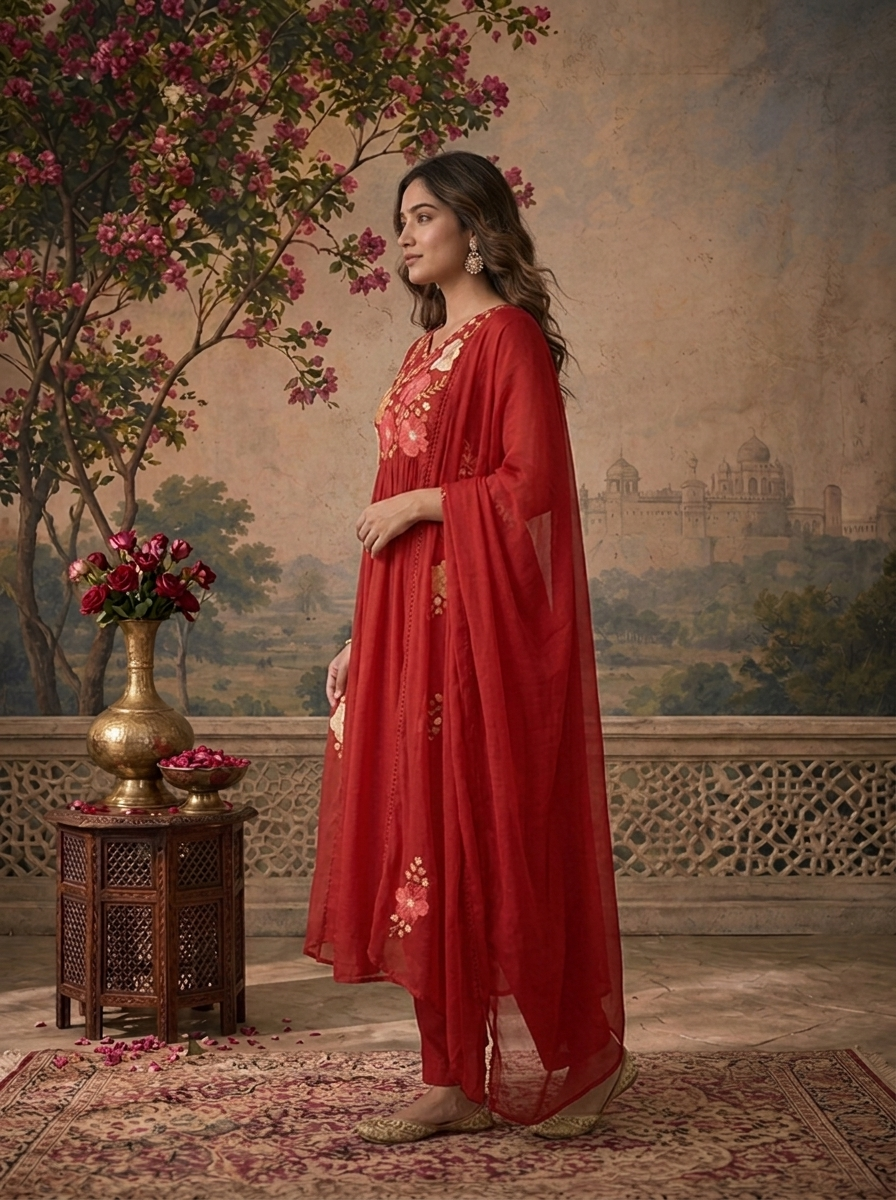 Maroon Muslin Floral Embroidered Three Piece Set