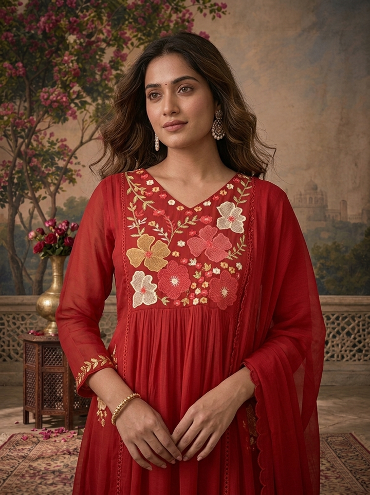 Maroon Muslin Floral Embroidered Three Piece Set