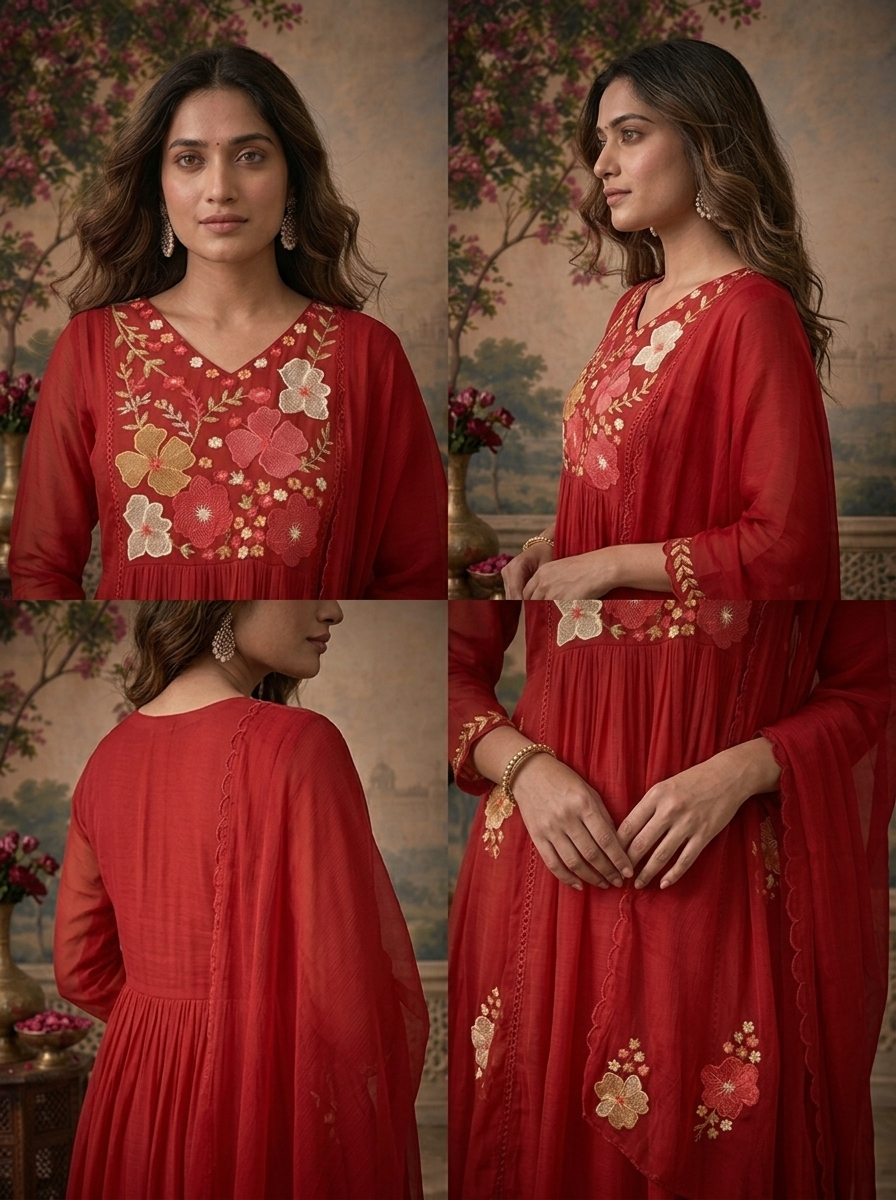 Maroon Muslin Floral Embroidered Three Piece Set