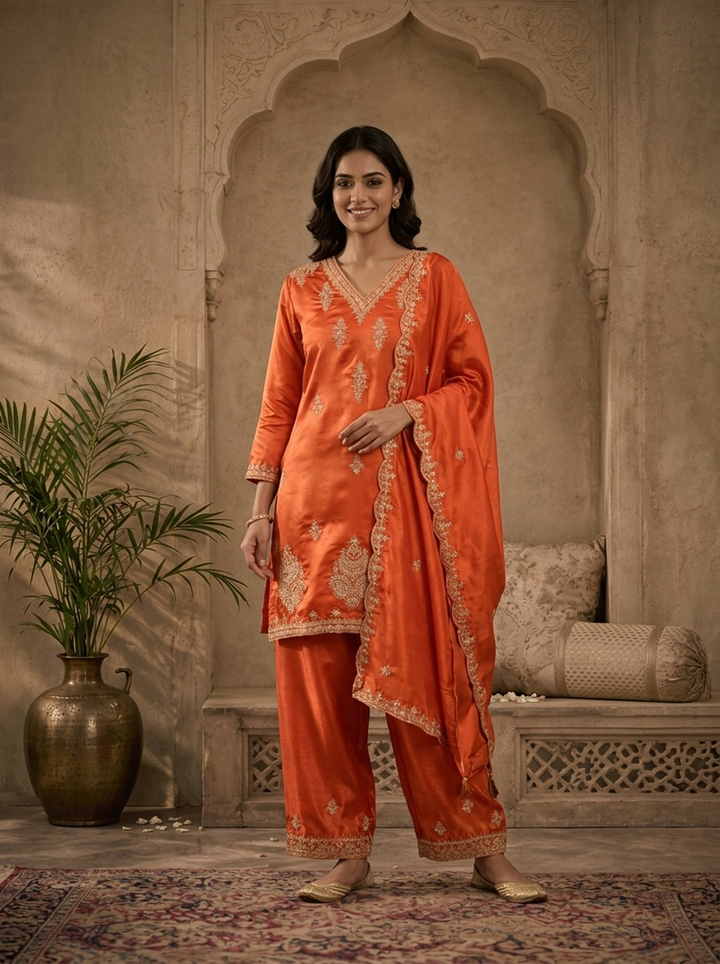 Burnt Orange Satin Zari And Sequins Embroidered Three Piece Set
