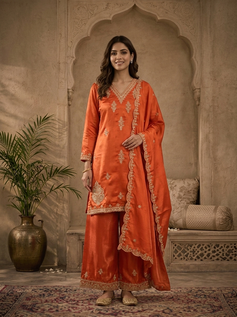 Burnt Orange Satin Zari And Sequins Embroidered Three Piece Set