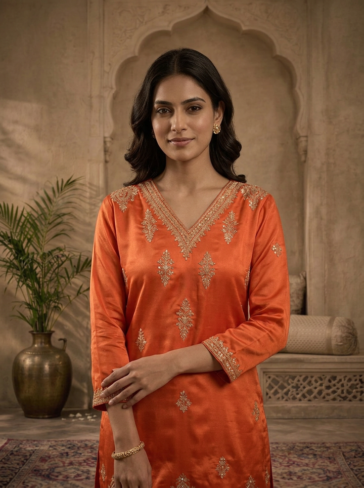 Burnt Orange Satin Zari And Sequins Embroidered Three Piece Set