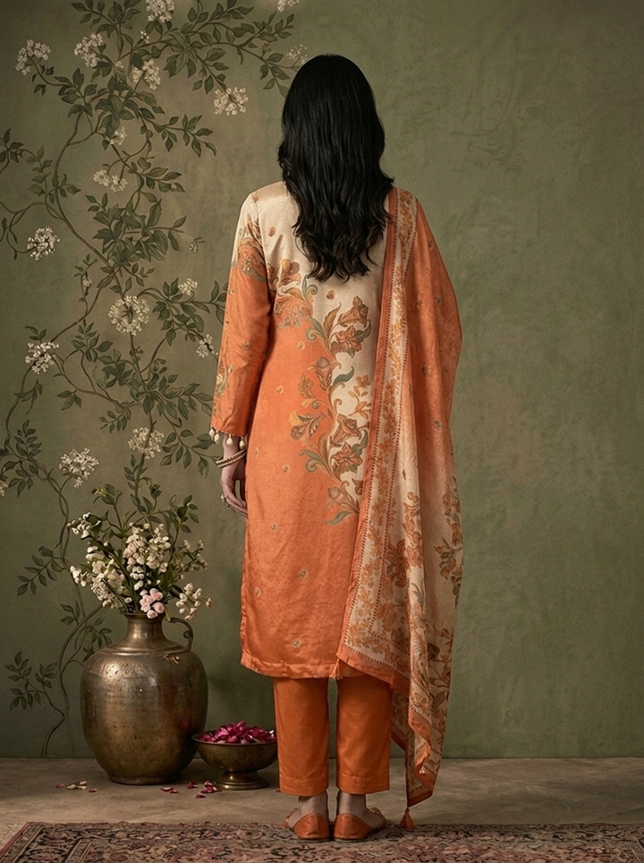 Orange Tissue Ethnic Floral Printed Three Piece Set