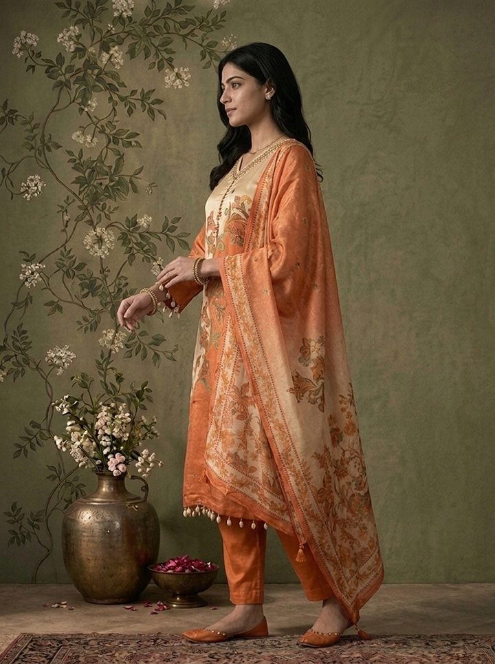 Orange Tissue Ethnic Floral Printed Three Piece Set