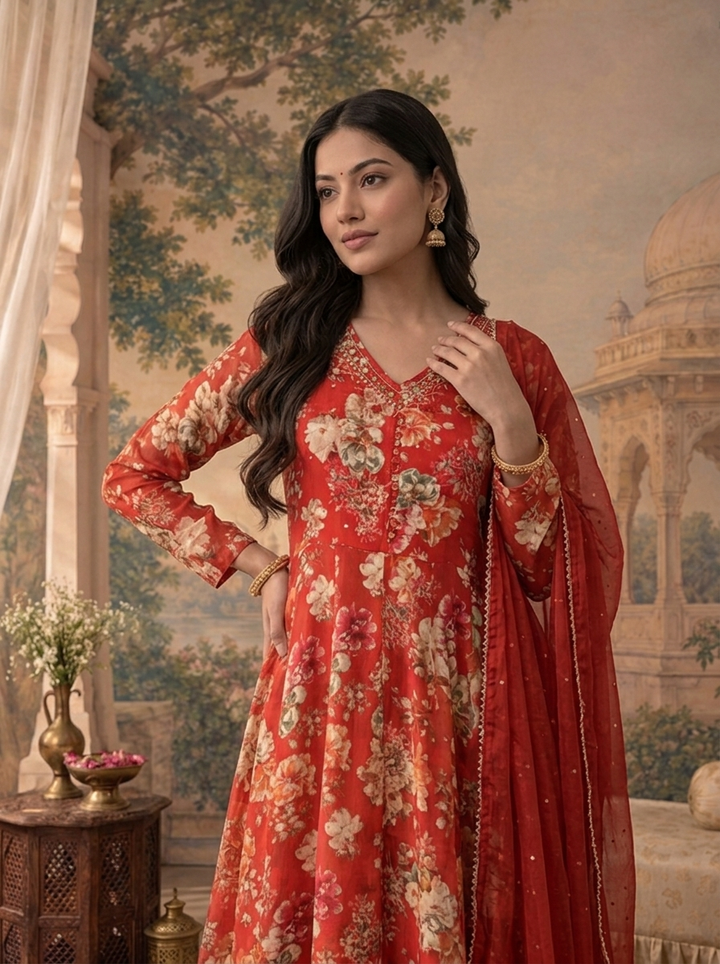Maroon Chinon Floral Digital Printed Three Piece Set